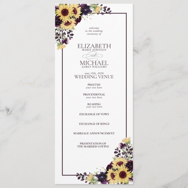 Plum Purple Sunflower Watercolor Wedding Program (Front)