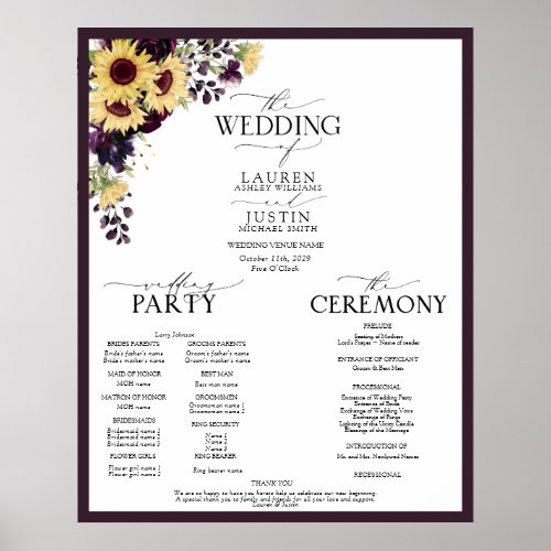 Plum Purple Sunflower Watercolor Wedding Program Poster