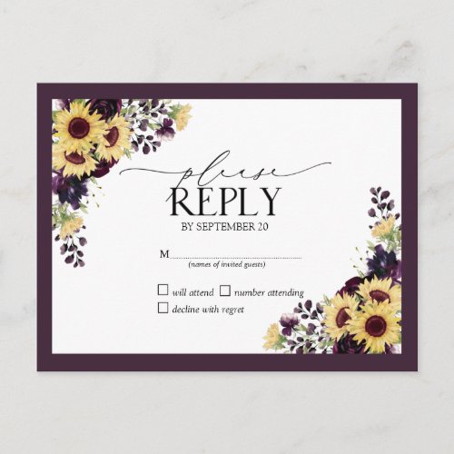 Plum Purple Sunflower Watercolor Wedding RSVP Invitation Postcard