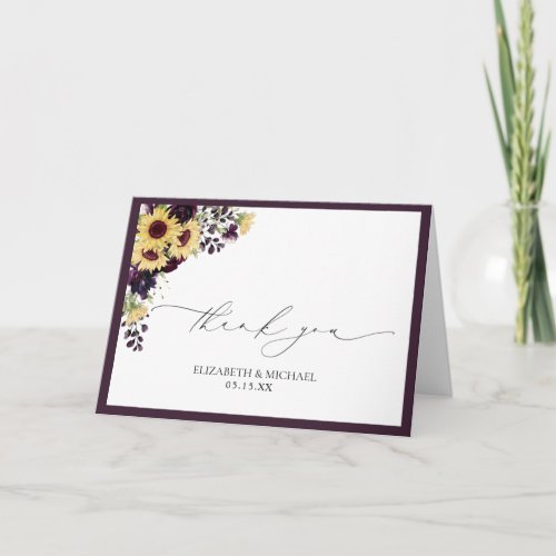 Plum Purple Sunflower Wedding Thankyou Card