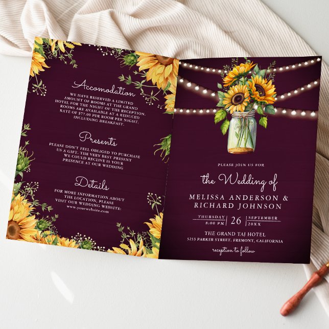 Plum Purple Sunflowers Mason Jar QR Code Wedding Invitation (Creator Uploaded)