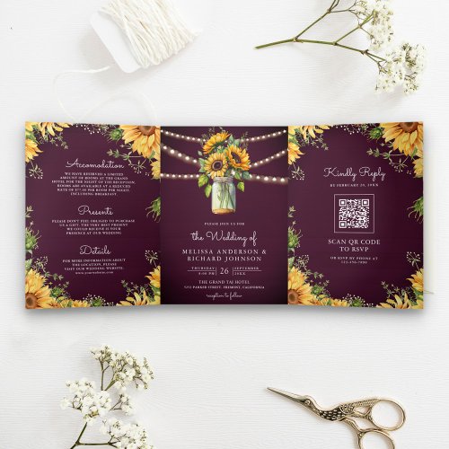 Plum Purple Sunflowers Mason Jar QR Code Wedding Tri_Fold Invitation