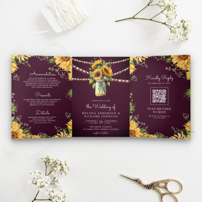 Plum Purple Sunflowers Mason Jar QR Code Wedding Tri-Fold Invitation (Creator Uploaded)