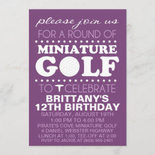 Plum Purple Tee Time Miniature Golf Birthday Party Invitation