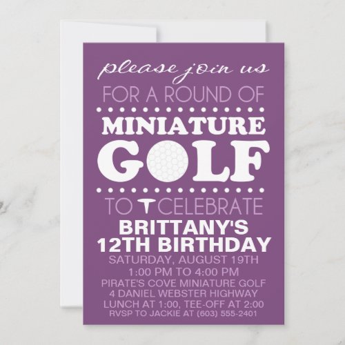 Plum Purple Tee Time Miniature Golf Birthday Party Invitation