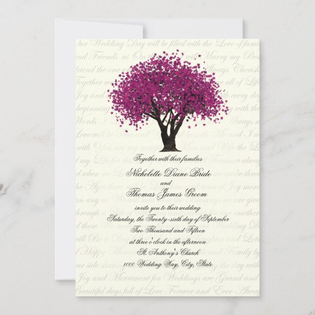 Plum Purple Tree Dancing Blooms Wedding Invitation (Front)