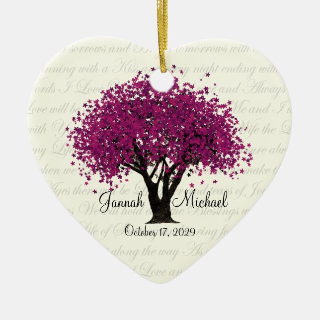 Plum Purple Tree Wedding Photo Ceramic Ornament (Front)