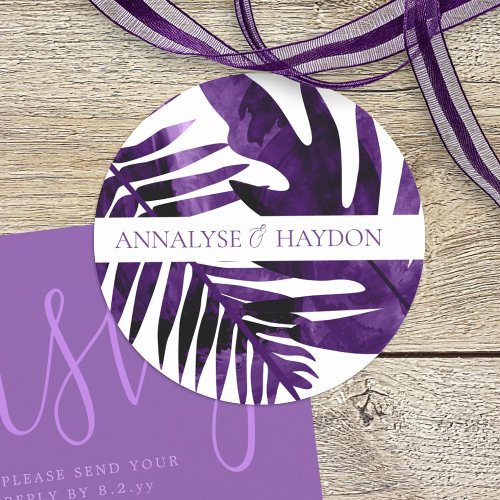 Plum Purple Tropical Island Leaves Wedding Classic Round Sticker