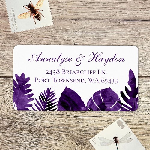 Plum Purple Tropical Leaves Wedding Address Label