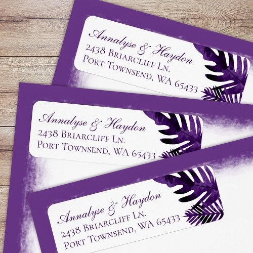 Plum Purple Tropical Leaves Wedding Return Address Label