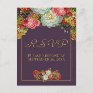 Plum Purple Vintage Autumn Floral Wedding RSVP Postcard