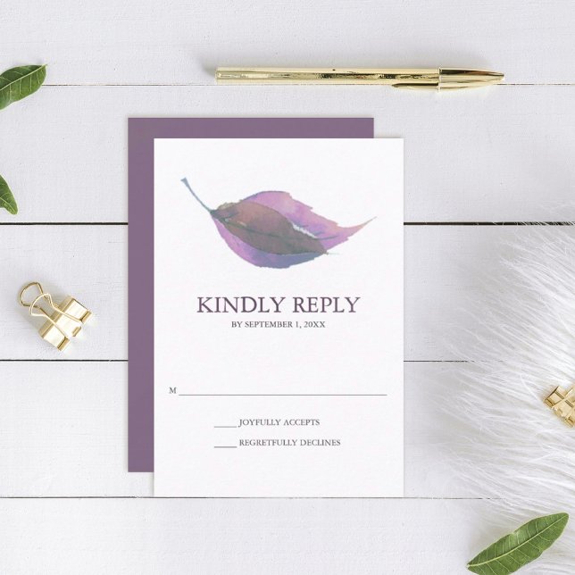 Plum Purple Watercolor Fall Leaf Wedding RSVP (rsvp card dusty plum purple wedding minimalistic leaf )