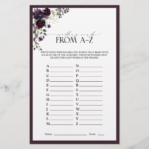 Plum Purple Watercolor Floral Bridal Shower Game