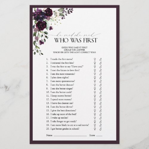 Plum Purple Watercolor Floral Bridal Shower Game