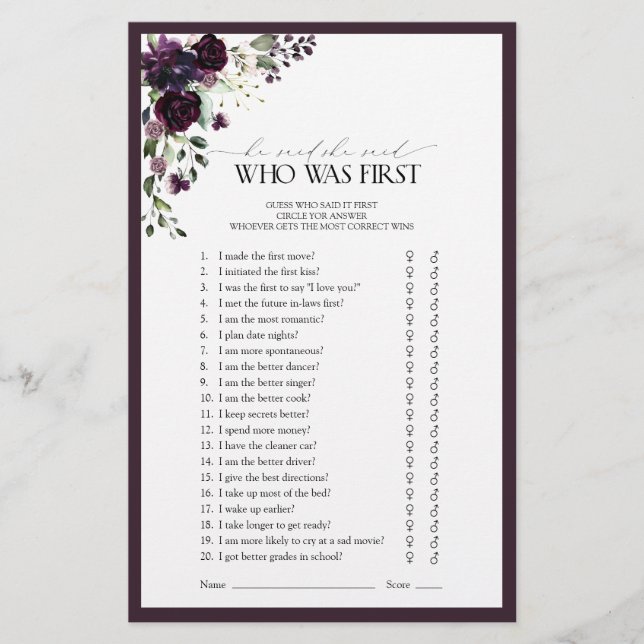 Plum Purple Watercolor Floral Bridal Shower Game (Front)