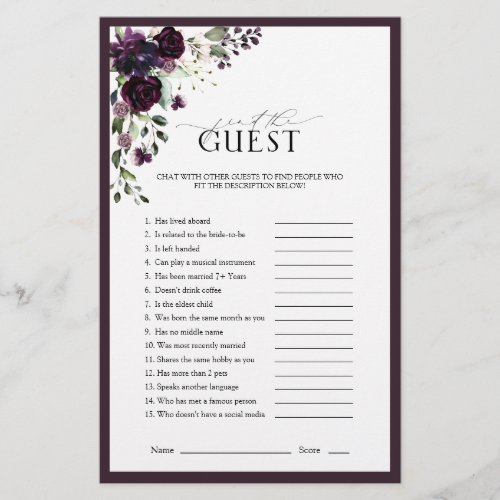 Plum Purple Watercolor Floral Bridal Shower Game