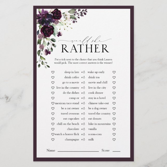 Plum Purple Watercolor Floral Bridal Shower Game (Front)