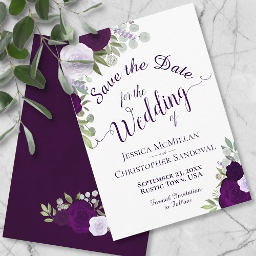 Plum Purple Watercolor Floral Elegant Boho Wedding Save The Date