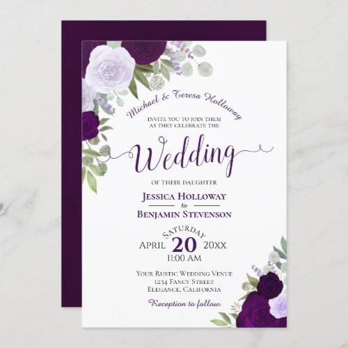 Plum Purple Watercolor Floral Formal Wedding Invitation