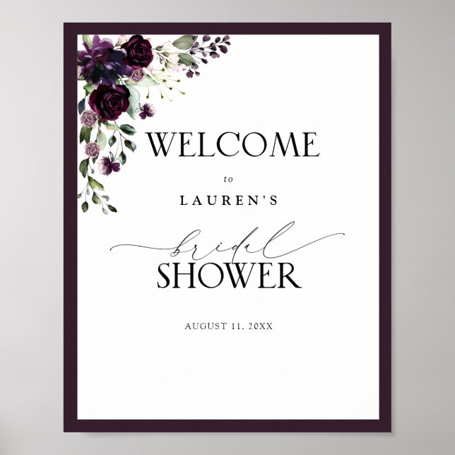 Plum Purple Watercolor Floral Shower Welcome Poster (Front)