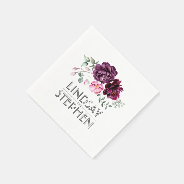 Plum Purple Watercolor Flowers Wedding Paper Napkin