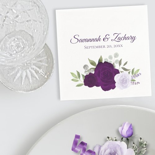 Plum Purple Watercolor Roses Boho Chic Wedding Napkins