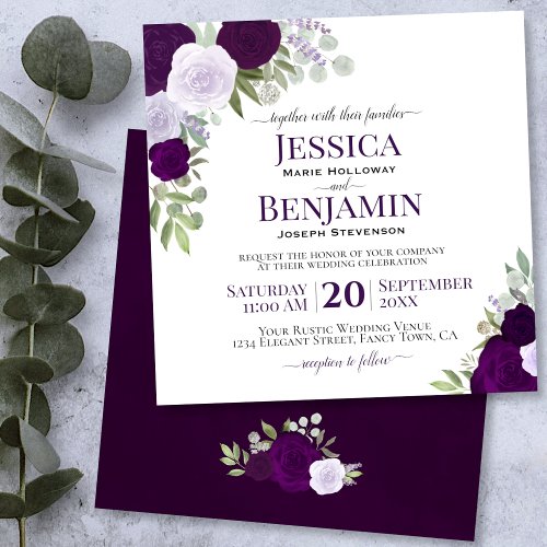 Plum Purple Watercolor Roses Elegant Wedding Invitation