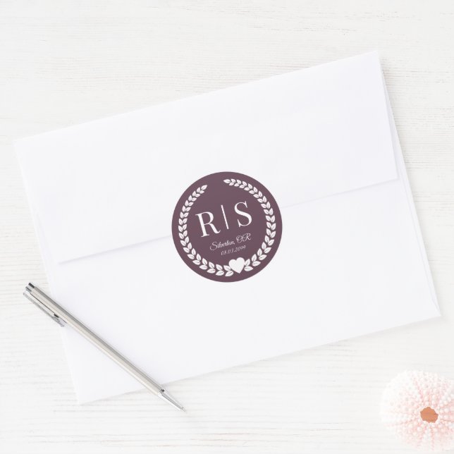 Plum Purple Wedding Monogram Initials Classic Round Sticker (Envelope)