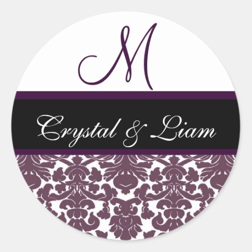 PLUM PURPLE  WHITE Damask Wedding Monogram Label