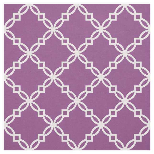 Plum Purple, White Fancy Moroccan Quatrefoil Fabric (Swatch)