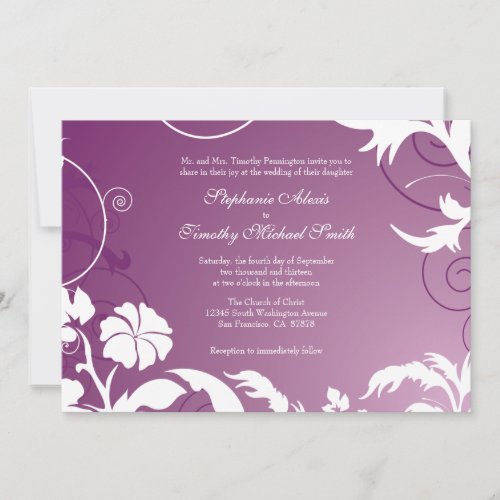 Plum purple white floral swirls wedding invitation