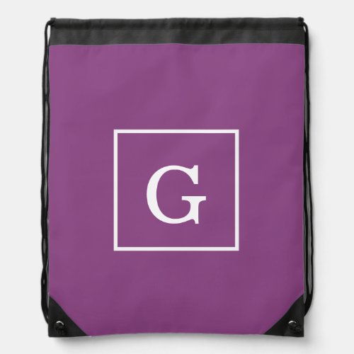 Plum Purple White Framed Initial Monogram Drawstring Bag