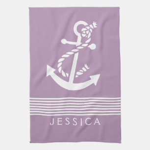 Plum Purple & White Stripes With Nautical Anchor Towel
