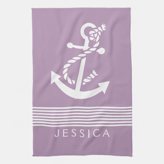 Plum Purple & White Stripes With Nautical Anchor Towel (Vertical)