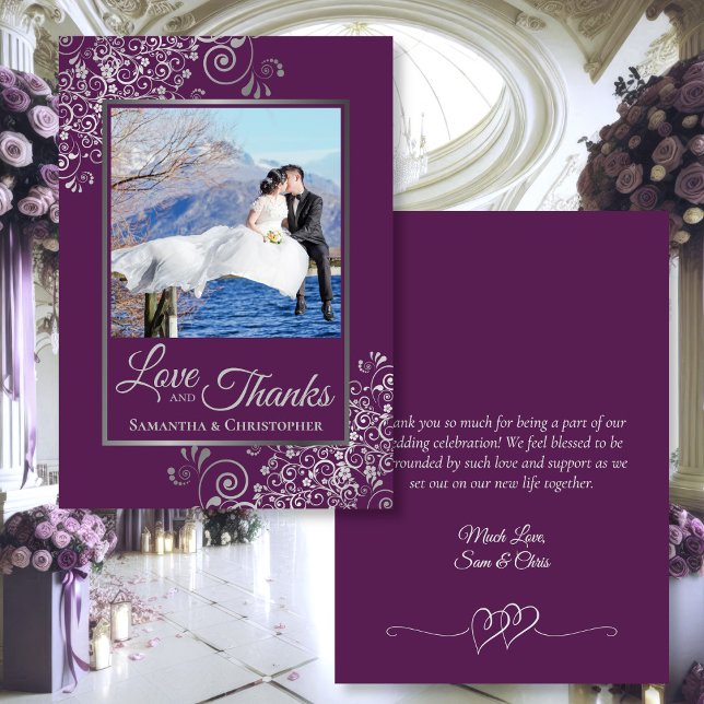 Plum Purple with Silver Curls Photo & Note Wedding Thank You Card (Front/Back)
