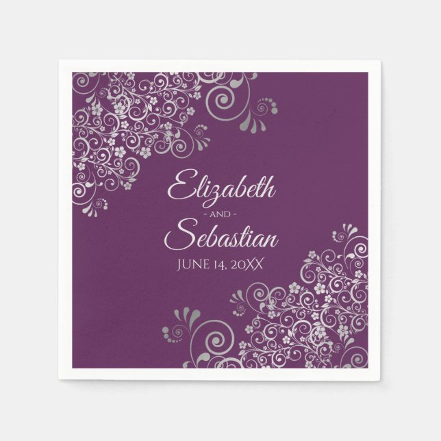Plum Purple with Silver Frills Elegant Wedding Napkins (Front)