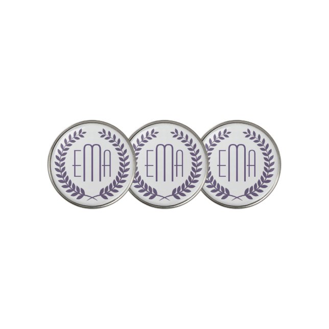 Plum-Purple Wreath And Custom Monogram Golf Ball Marker (3 Up)