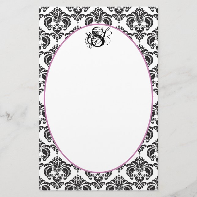 Plum Ribbon Black Damask Monogram Recycled Paper (Front)