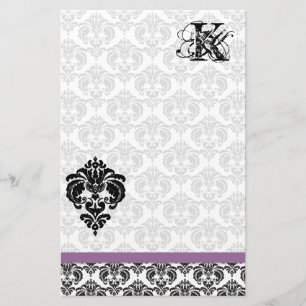 Plum Ribbon Black Damask Monogram Recycled Paper