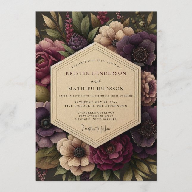 Plum Rich Botanical Wedding Invitation (Front)