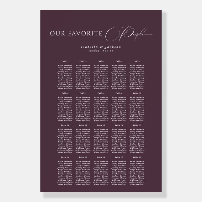 Plum Romantic Calligraphy Wedding Seating Chart Foam Board (Front)