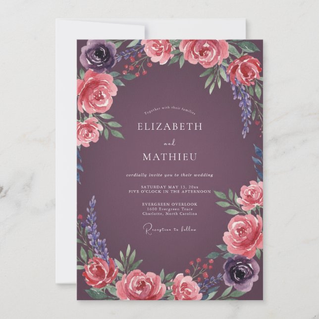 Plum Rose Arch Wedding Invitation (Front)