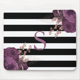 Plum Rose Gold Floral Monogram Black White Stripes Mouse Pad