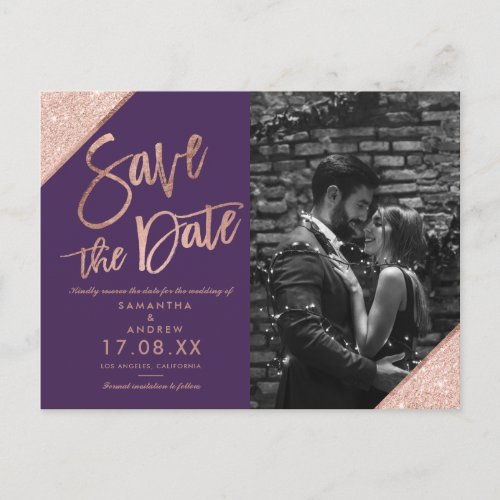 Plum Rose gold glitter script photo save the date Postcard