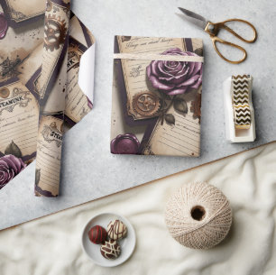 Plum Roses Mechanical Steampunk  Wrapping Paper