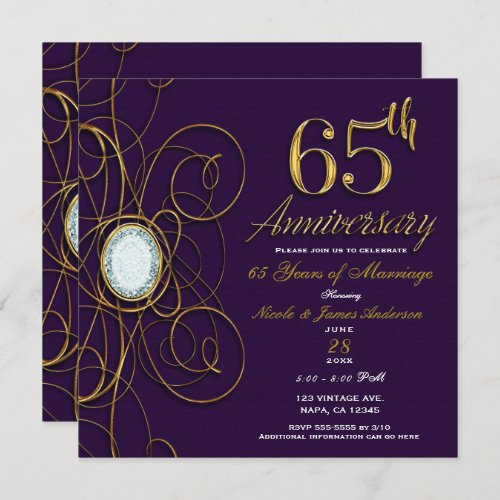 Plum Royal Purple Gold Diamond 65 65th Anniversary Invitation