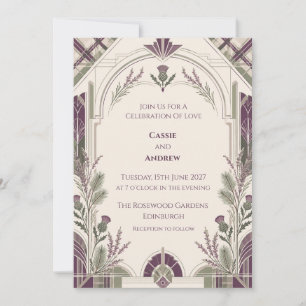 Plum Sage Art Deco Thistle Tartan Wedding Invitation