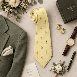 Plum & Sage Botanical Pattern on Butter Yellow Neck Tie