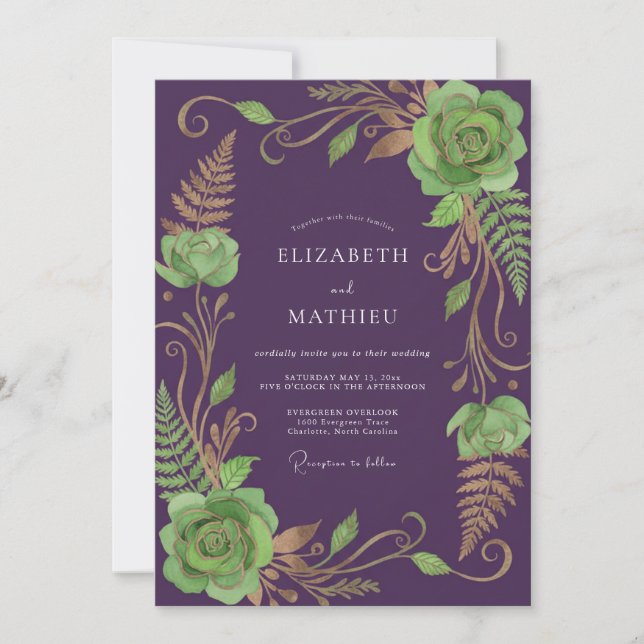 Plum Sage Succulent Eucalyptus Wedding Invitation (Front)