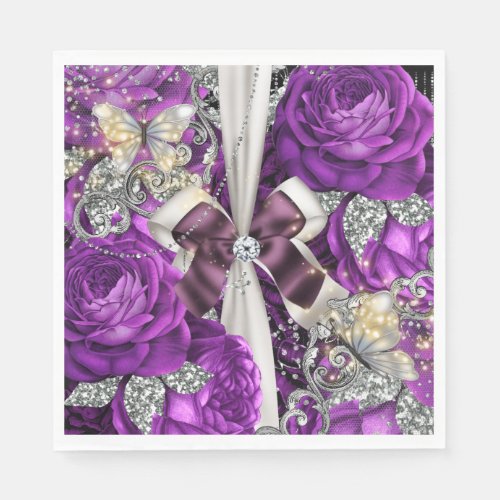 Plum silver butterfly rose shimmer bow elegant napkins